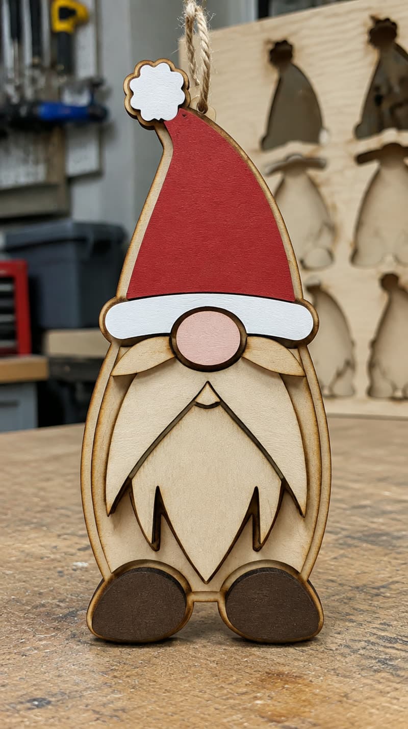 Layered wood gnome ornament with a red hat, white pom-pom and brown boots